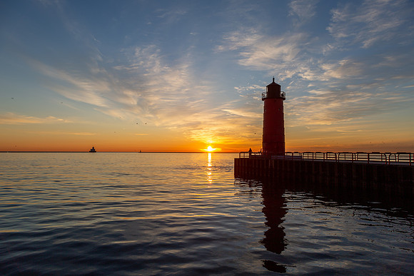 Fisherman at the Pierhead Lighthouse at Sunrise, Milwaukee